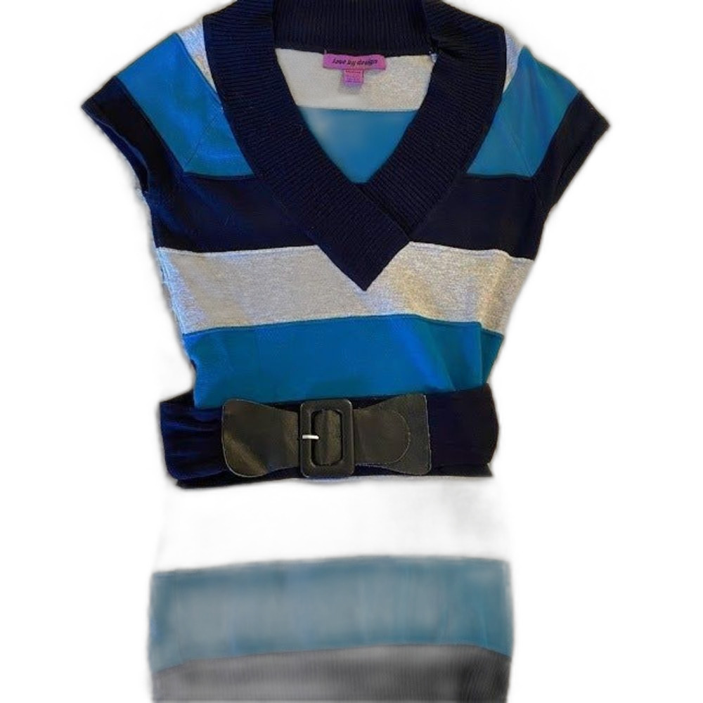 Love by Design Sweater Medium Navy Turquois & gray Striped Sleeveless Belted